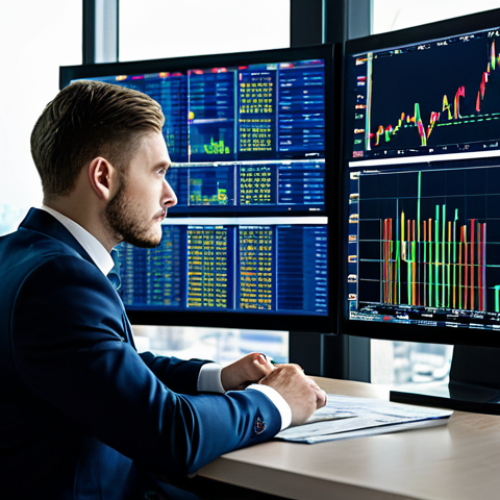 Home 25 A focused male financial analyst in a modest business suit, seated at a desk in a high-tech modern financial trading office. He is looking at multiple large screens displaying complex currency exchange charts, real-time global market data, and a stylized world map illustrating international financial flows. The office background shows a blurred cityscape through large windows. The overall atmosphere is professional and dynamic. fully clothed, appropriate attire, safe for work, professional, perfect anatomy, correct proportions, natural pose, well-formed hands, proper finger count, natural body proportions, professional photography, high quality.