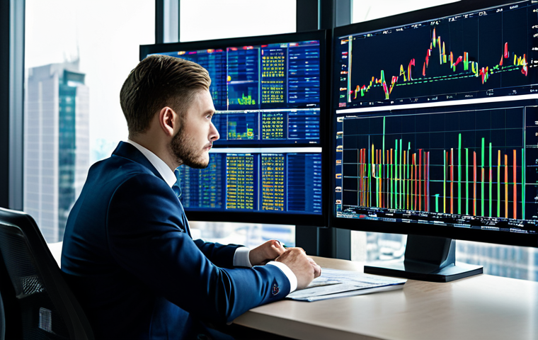 A focused male financial analyst in a modest business suit, seated at a desk in a high-tech modern financial trading office. He is looking at multiple large screens displaying complex currency exchange charts, real-time global market data, and a stylized world map illustrating international financial flows. The office background shows a blurred cityscape through large windows. The overall atmosphere is professional and dynamic. fully clothed, appropriate attire, safe for work, professional, perfect anatomy, correct proportions, natural pose, well-formed hands, proper finger count, natural body proportions, professional photography, high quality.