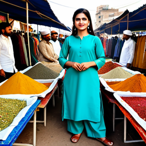 Home 22 ** A fully clothed professional businesswoman wearing a modest shalwar kameez in a vibrant color palette, standing in a bustling Karachi marketplace. The background features colorful stalls with textiles and spices. Perfect anatomy, natural pose, well-formed hands, appropriate attire, safe for work, professional photography, high quality, family-friendly, appropriate content.
**