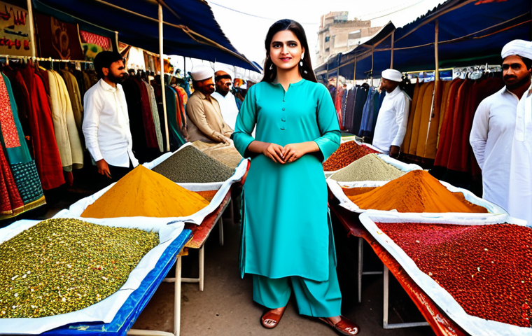 ** A fully clothed professional businesswoman wearing a modest shalwar kameez in a vibrant color palette, standing in a bustling Karachi marketplace. The background features colorful stalls with textiles and spices. Perfect anatomy, natural pose, well-formed hands, appropriate attire, safe for work, professional photography, high quality, family-friendly, appropriate content.

**