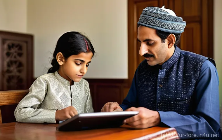 외환관리사와 환율 전망 활용법 - **"A heartwarming scene inside a well-lit, modern Pakistani home. A father, in a traditional shalwar...