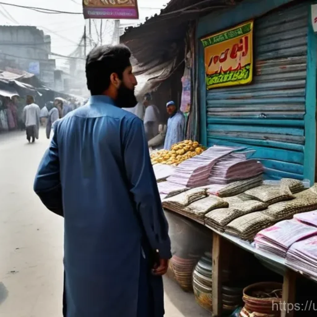 외환관리사와 국제 환율 정책 - **"A bustling Pakistani bazaar scene at dusk. A middle-aged man, dressed in a traditional shalwar ka...