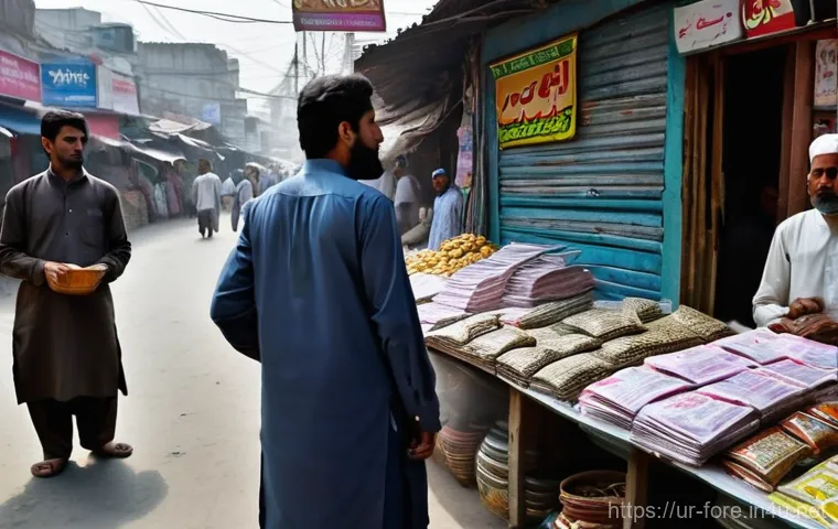 외환관리사와 국제 환율 정책 - **"A bustling Pakistani bazaar scene at dusk. A middle-aged man, dressed in a traditional shalwar ka...