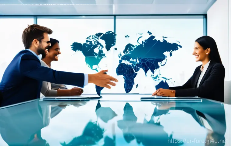 외환관리사와 국제 무역 분쟁 해결 - **Prompt:** A professional, well-lit scene depicting three diverse business professionals in a conte...