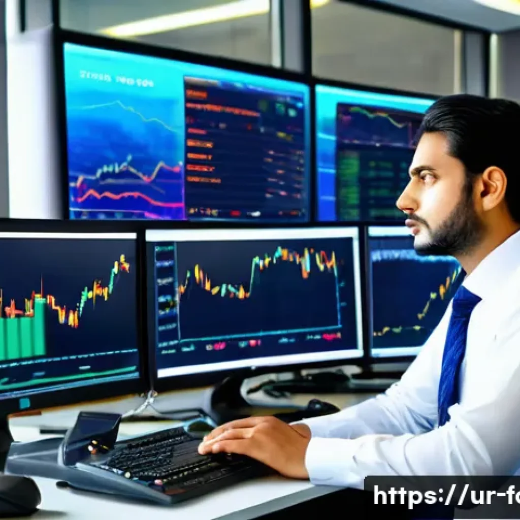 외환관리사 경력 개발 로드맵 - A professional Urdu-speaking Forex manager seated at a modern trading desk in a sleek office, multip...