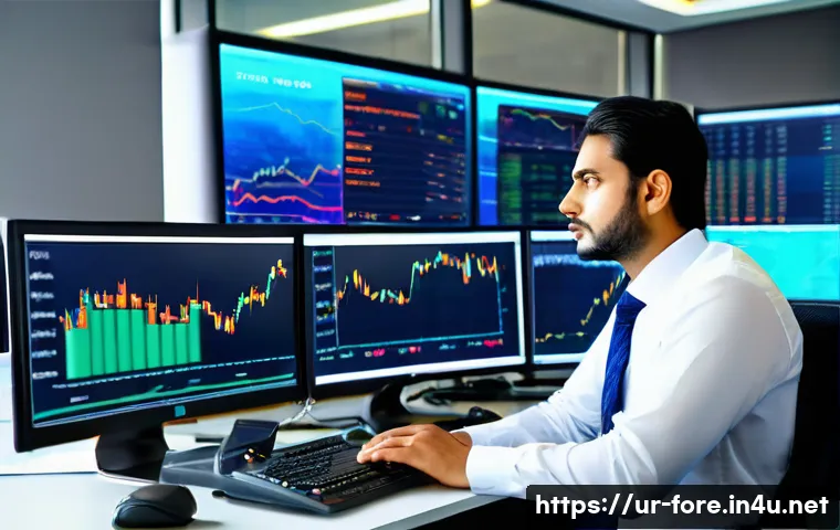 외환관리사 경력 개발 로드맵 - A professional Urdu-speaking Forex manager seated at a modern trading desk in a sleek office, multip...