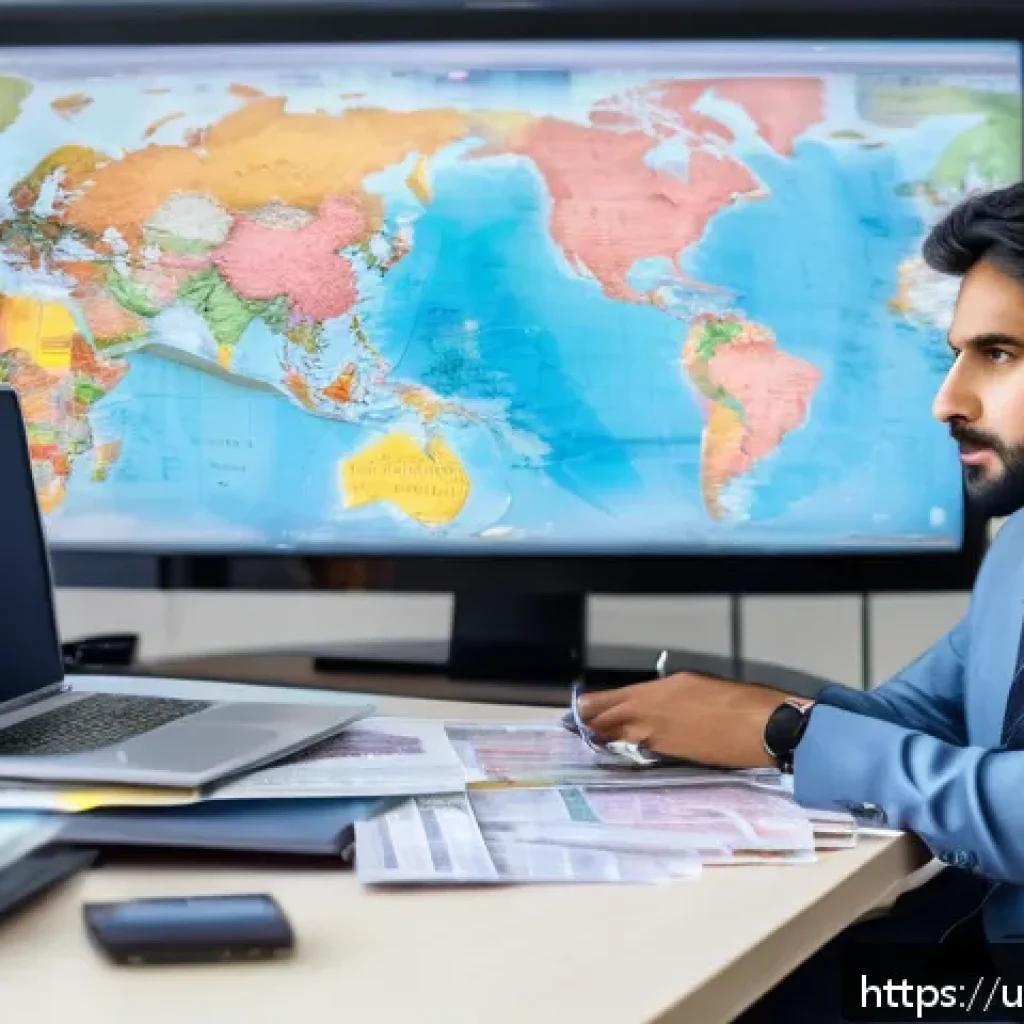 외환관리사 직무에서의 영어 활용법 - A modern office setting in Karachi with a professional Pakistani man in formal attire, sitting at a ...