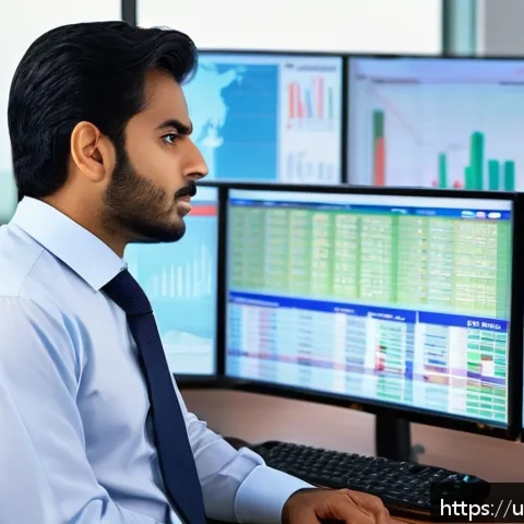 외환관리사 이직 전략 - A professional Pakistani financial analyst in a modern office setting, wearing formal business attir...