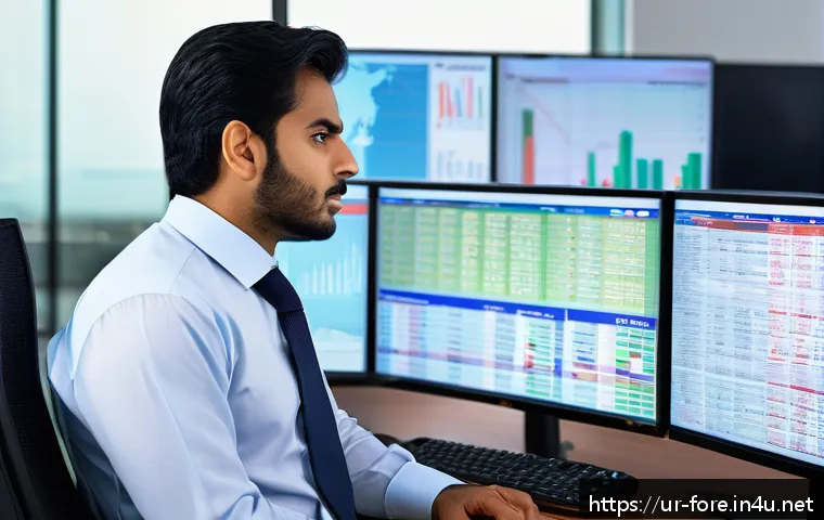 외환관리사 이직 전략 - A professional Pakistani financial analyst in a modern office setting, wearing formal business attir...