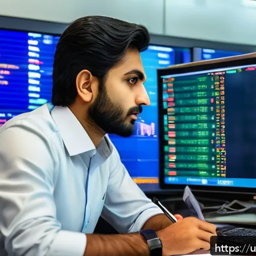 외환관리사와 외환포지션 관리 - A detailed and realistic trading office scene in a modern financial district of Karachi, Pakistan, s...
