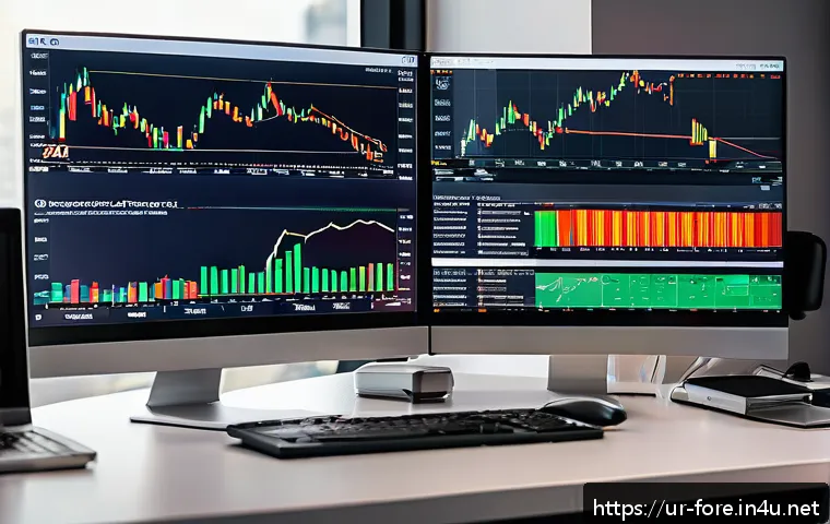 외환관리사 중점 과목 완벽 정리 - A detailed financial trading desk setup in a modern office with multiple large monitors displaying F...