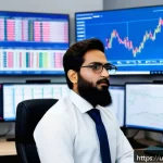외환관리사와 비상 상황 대처 사례 - A professional Pakistani forex exchange manager in a modern office setting, analyzing real-time mark...