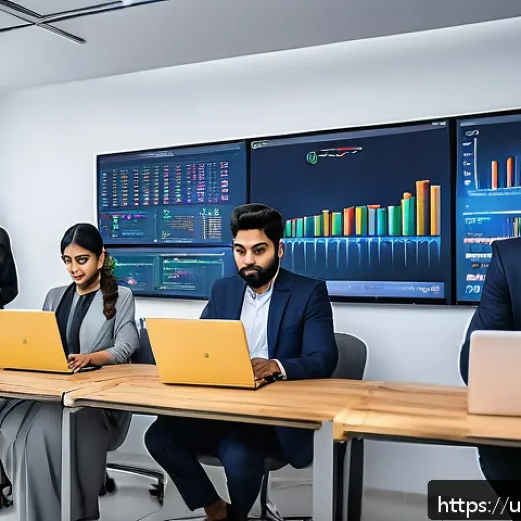 외환관리사와 핀테크 트렌드 - A modern Pakistani small business office scene showing a diverse team of professionals, including me...