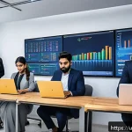 외환관리사와 핀테크 트렌드 - A modern Pakistani small business office scene showing a diverse team of professionals, including me...