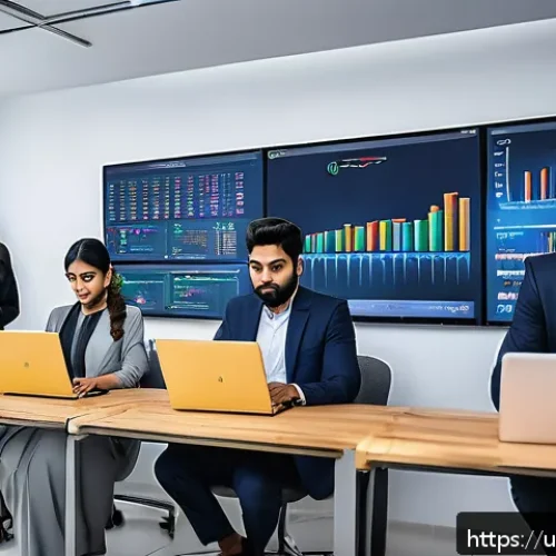 외환관리사와 핀테크 트렌드 - A modern Pakistani small business office scene showing a diverse team of professionals, including me...