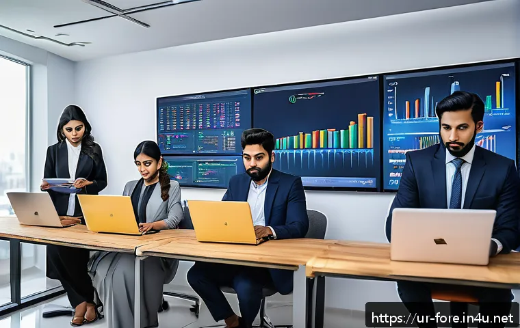외환관리사와 핀테크 트렌드 - A modern Pakistani small business office scene showing a diverse team of professionals, including me...
