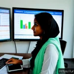 외환관리사와 업무 환경 변화 - Photorealistic modern foreign exchange management office in Karachi, Pakistan, a Pakistani female fi...