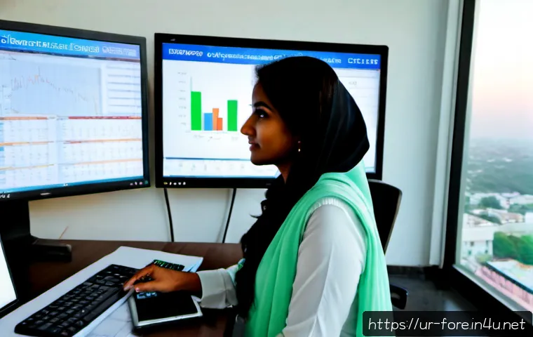 외환관리사와 업무 환경 변화 - Photorealistic modern foreign exchange management office in Karachi, Pakistan, a Pakistani female fi...