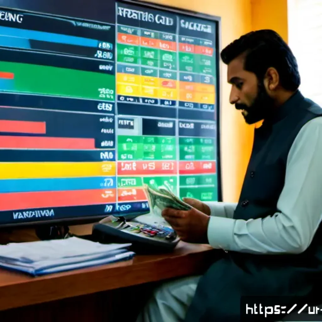 외환관리사와 외환 리스크 평가 도구 - Photorealistic modern foreign exchange manager in a tailored shalwar kameez and waistcoat, seated in...