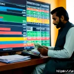 외환관리사와 외환 리스크 평가 도구 - Photorealistic modern foreign exchange manager in a tailored shalwar kameez and waistcoat, seated in...