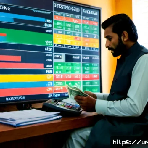 Home 17 외환관리사와 외환 리스크 평가 도구 - Photorealistic modern foreign exchange manager in a tailored shalwar kameez and waistcoat, seated in...