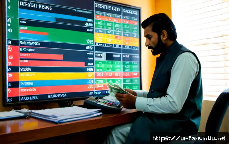 외환관리사와 외환 리스크 평가 도구 - Photorealistic modern foreign exchange manager in a tailored shalwar kameez and waistcoat, seated in...