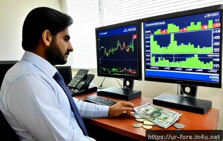 외환관리사와 금융 시장 예측 모델 - Photorealistic Pakistani foreign exchange manager in a modest modern Karachi office, reviewing multi...