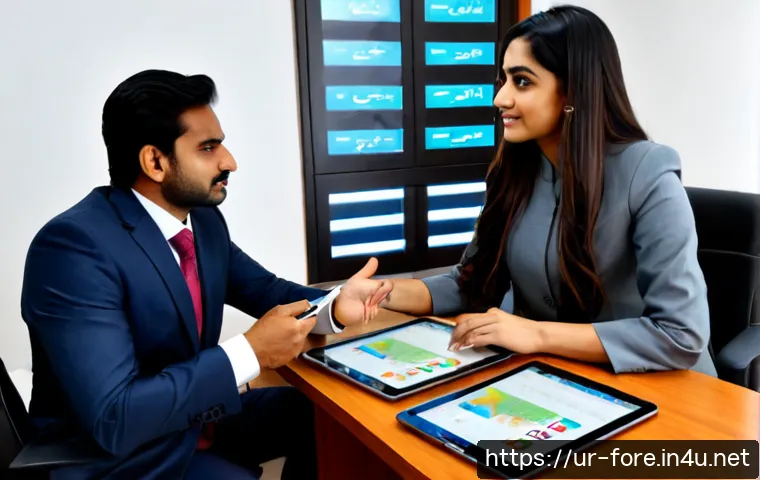 Home 17 외환관리사와 해외 자산 관리 - Photorealistic Pakistani foreign exchange consultant in a tailored modest business suit meeting an U...